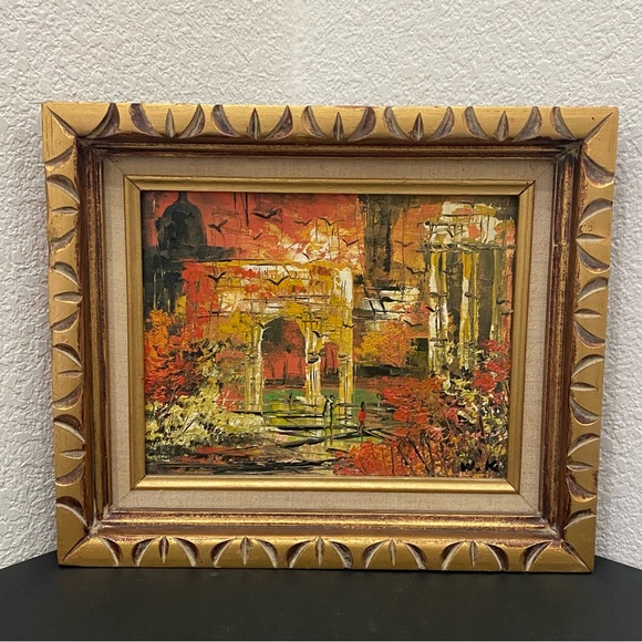 Vintage Signed W.K. Impressionist Abstract Landscape Ruins Acrylic Oil Painting - Picture 6 of 17